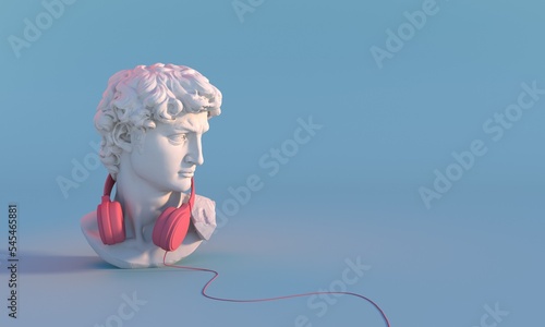 David sculpture wearing headphones around his neck. 3D render. Copy space for text