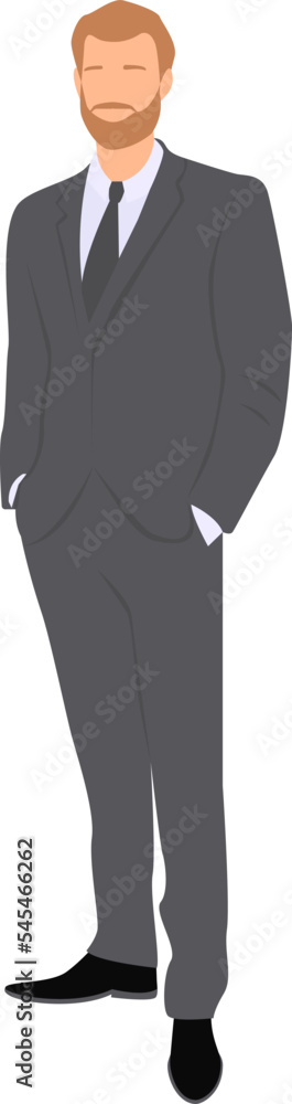 Man wearing in business suit standing with his hands in his trouser pockets. Transparent background. Flat vector illustration. Man wearing in business suit standing with his hands in his trouser pockets. Transparent background. Flat vector illustration.