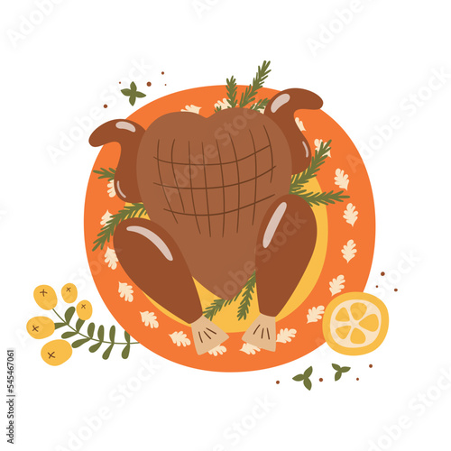 Roast Turkey or chicken on the plate with herbs and lemon for Thanksgiving dinner. Thanksgiving turkey food hand drawn in cute cartoon style. Top view vector illustration. Turkey isolated element