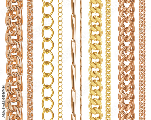 Set of realistic vector golden shiny chains. Vector illustration of gold metal necklace isolated on white background