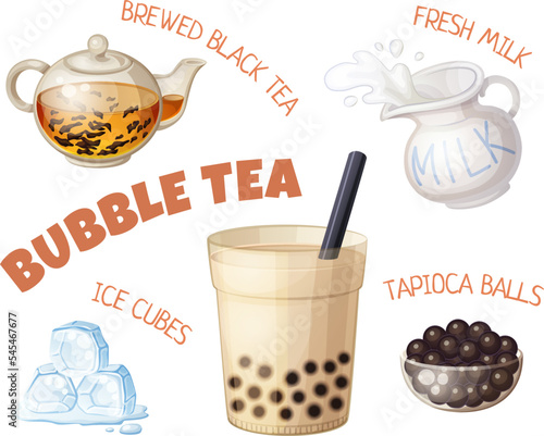 Bubble tea ingredients cartoon illustration isolated on white background. Vector icon of boba tea drink, tapioca balls, brewed black tea, ice cubes and fresh milk design