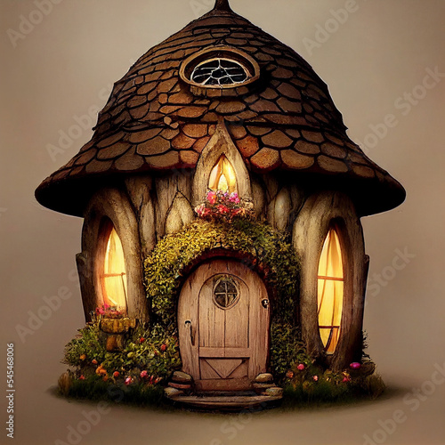 Ai generated image of fairy mushroom homes in the forest  photo