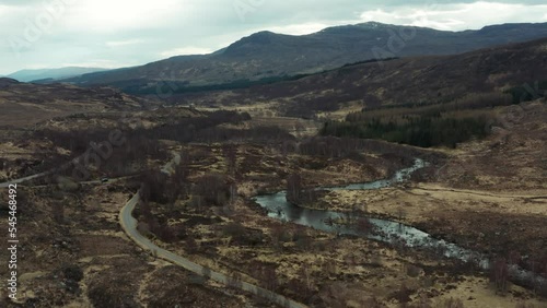 Aerial view of the River Moriston near Loch Cluanie Dam in Scottish Highlands, UK photo