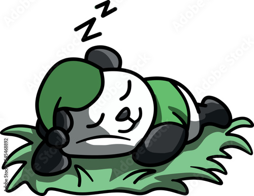 Cartoon-style cute panda sleeping on grass isolated on a white background.