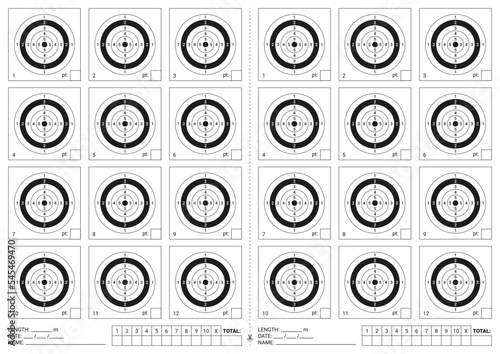 Target shoot. Gun shooting range. Target with numbers, bullseye and aim. Isolated icon for rifle, pistol, sniper and army practice. Vector. Print format page design on A4 sheet.