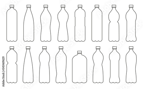 Collection of plastic water bottles of various shapes.  Illustration on transparent background