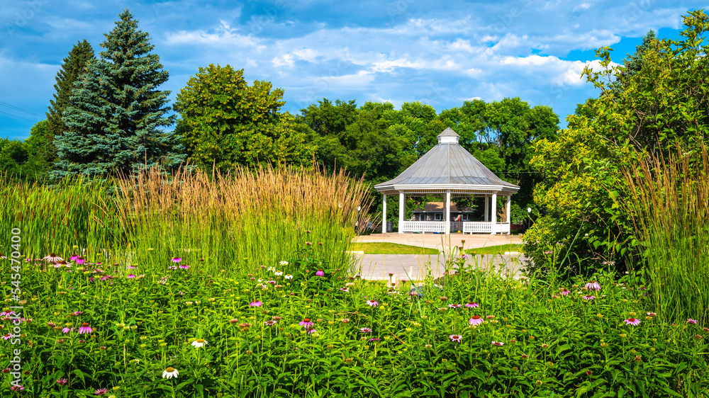 Tranquil formal garden landscape with a Pavilion in a small American town historic park