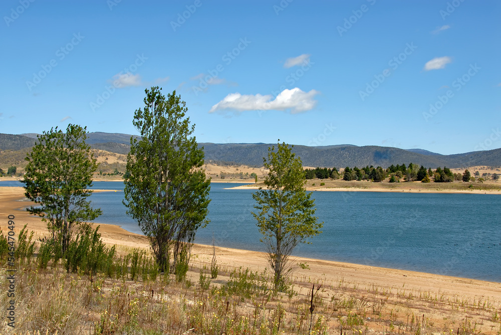 Jindabyne, New South Wales, Australia: View over Lake Jindabyne with trees in the foreground. Jindabyne is a tourist destination near the Snowy Mountains.