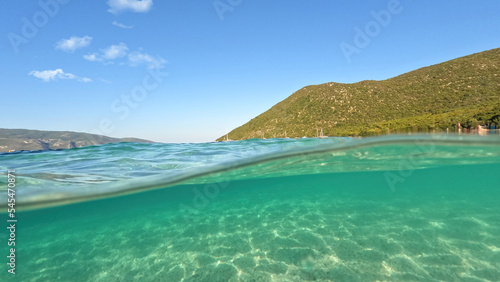 Underwater split photo of famous organised beach of Antisamos in island of Kefalonia with crystal clear turquoise sea  Ionian  Greece