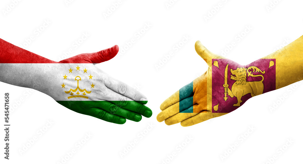Handshake between Tajikistan and Sri Lanka flags painted on hands, isolated transparent image.