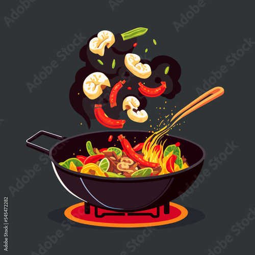 Vector illustration of cooking with a wok pan on fire