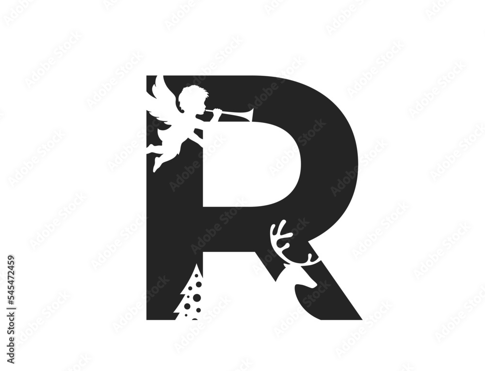 letter r with angel, deer and christmas tree. holiday initial letter for Christmas design. isolated vector image letter r with angel, deer and christmas tree. holiday initial letter for Christmas design. isolated vector image