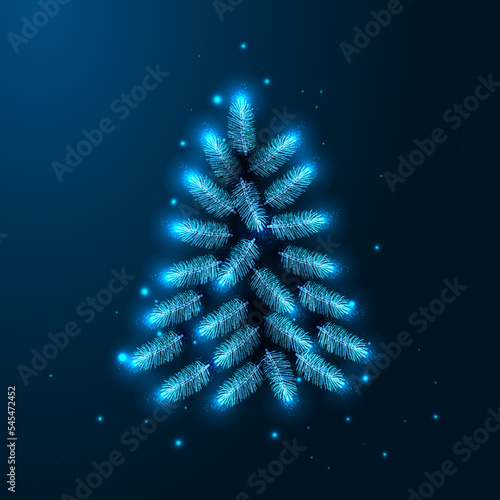 Glowing Christmas spruce tree in futuristic glowing low polygonal style on dark blue background