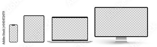 A set of isolated smart devices with blank screen: smartphone, tablet, laptop and desktop. Stock royalty free vector illustration