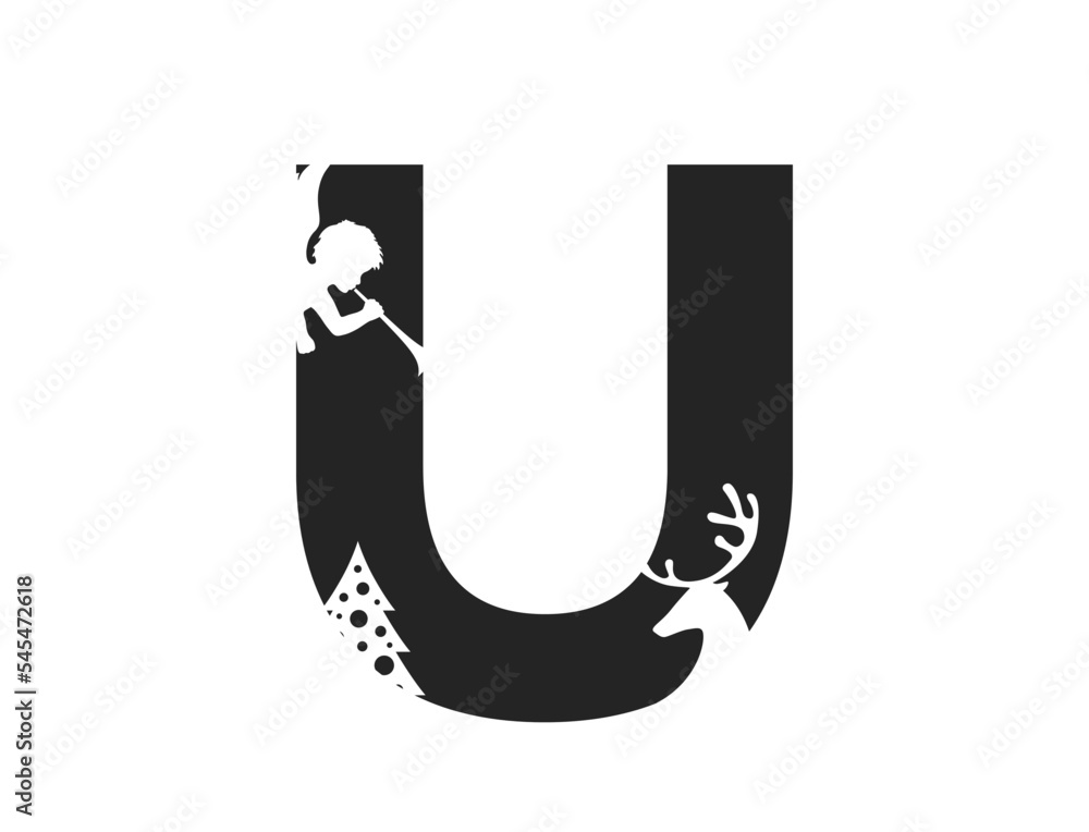 letter u with angel, deer and christmas tree. element for Christmas and New Year alphabet design. isolated vector image letter u with angel, deer and christmas tree. element for Christmas and New Year alphabet design. isolated vector image