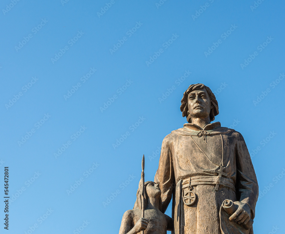 Fototapeta premium bronze statue of Eusebio Chini (Phater Kino) - 1645-1711. Segno,Predaia, Val di Non, Trento province,Trentino Alto Adige - Italy -