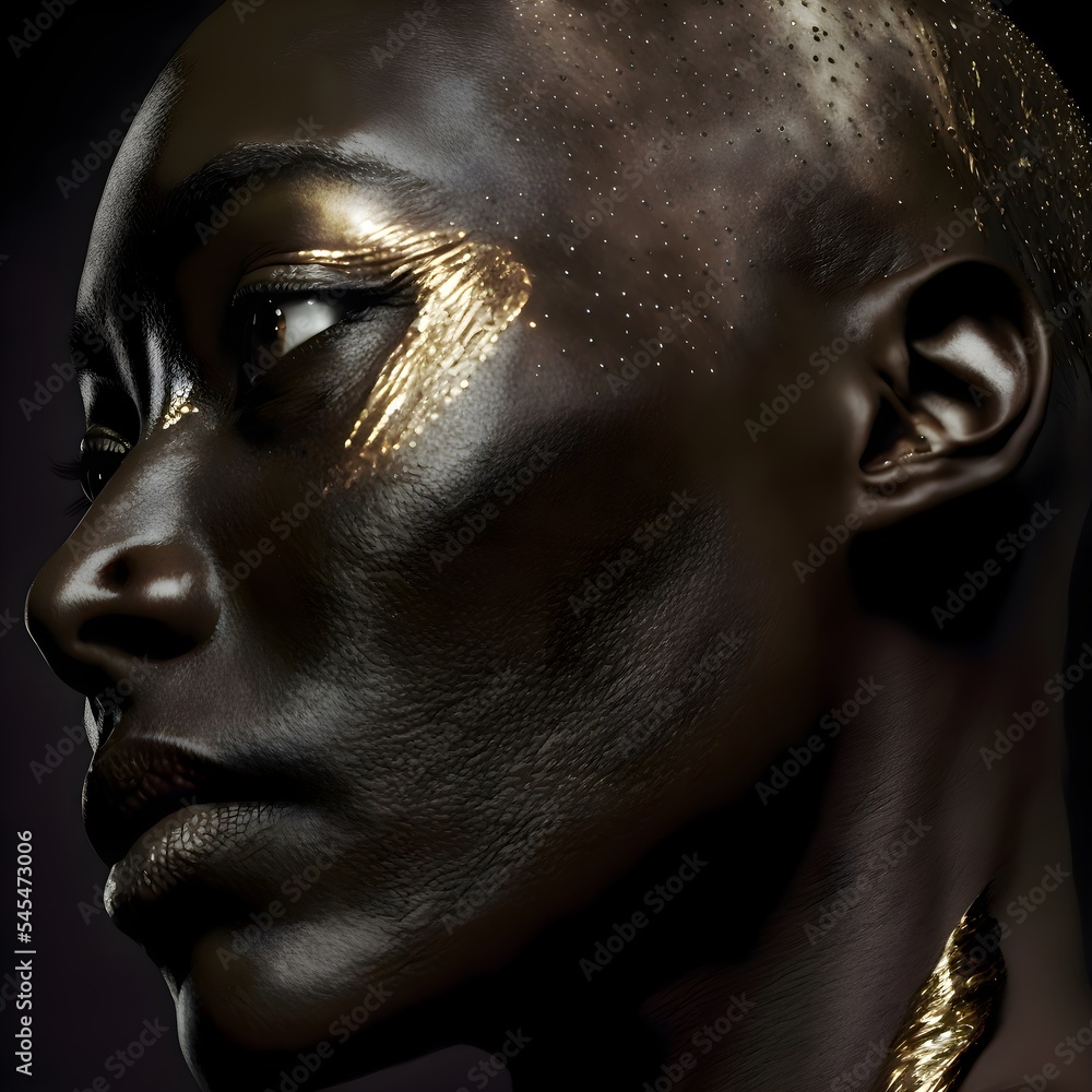 Beautiful woman closeup portrait with golden paint, golden details and sparkles, dark background Beautiful woman closeup portrait with golden paint, golden details and sparkles, dark background
