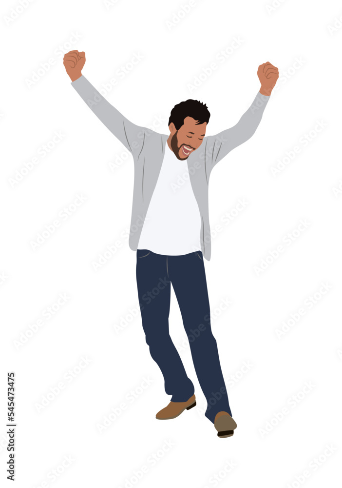 Vecteur Stock Young businessman celebrating the victory with his arms in  the air and feeling excited. Handsome male character wearing smart casual  outfit in winning pose. Vector realistic illustration isolated. | Adobe