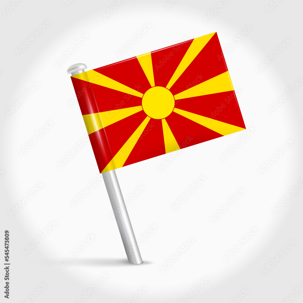 Macedonia map pin flag icon. Macedonian pennant map marker on a metal needle. 3D realistic vector illustration.