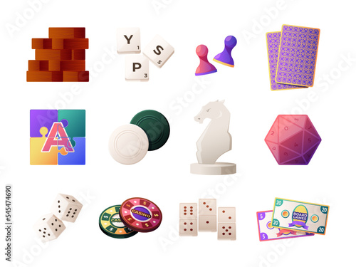 Board game icons. Cartoon dice chips cards for cardboard table games for family and friend party, cute cartoon table top game accessories of dice game leisure illustration