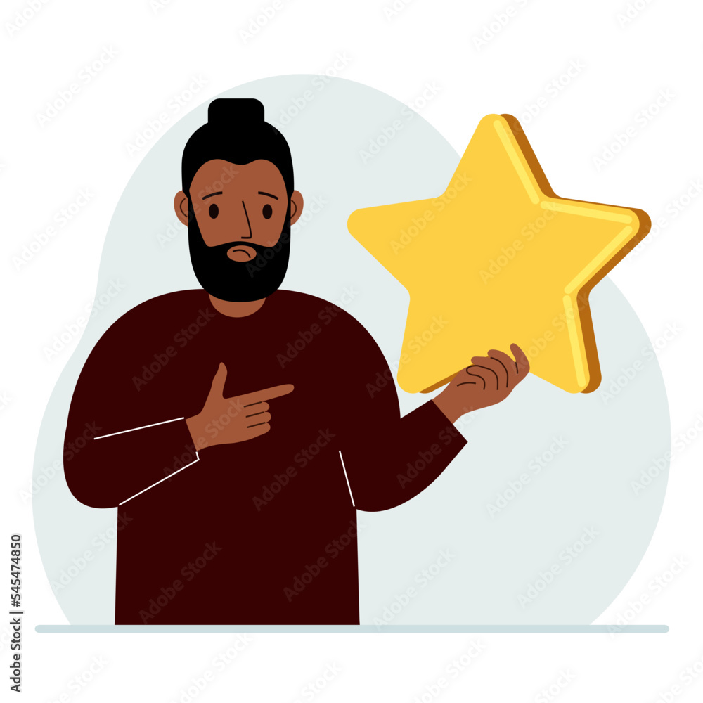 The man is holding a star. Service rating or positive user rating. Consumer review of the product. Feedback.