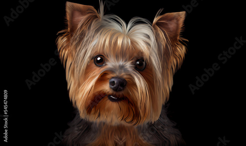 Adorable Yorkshire terrier on dark background, space for text. Cute dog. Digital art 