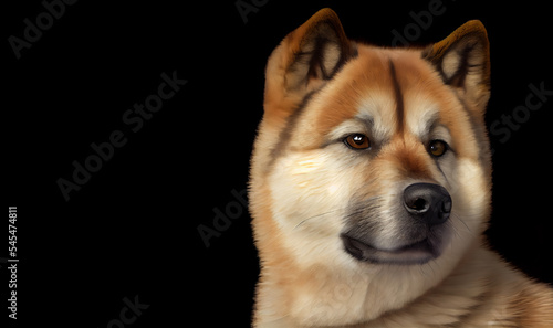 Adorable Akita dog on dark background, space for text. Cute dog. Digital art 