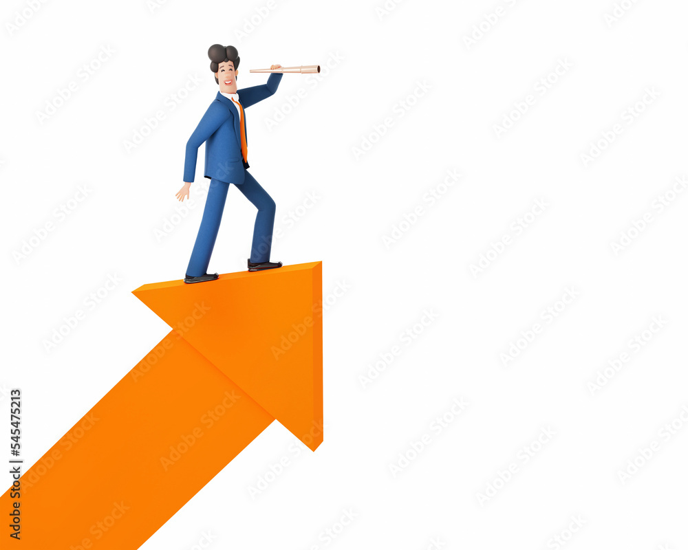 Successful businessman stays at the big arrow and looks with the telescope. Happy office workers 3D rendering illustration Successful businessman stays at the big arrow and looks with the telescope. Happy office workers 3D rendering illustration