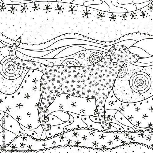 Abstract eastern pattern. Square ornate wallpaper with dog. Hand drawn waved ornaments on white. Intricate patterns on isolated background. Design for spiritual relaxation for adults. Line art