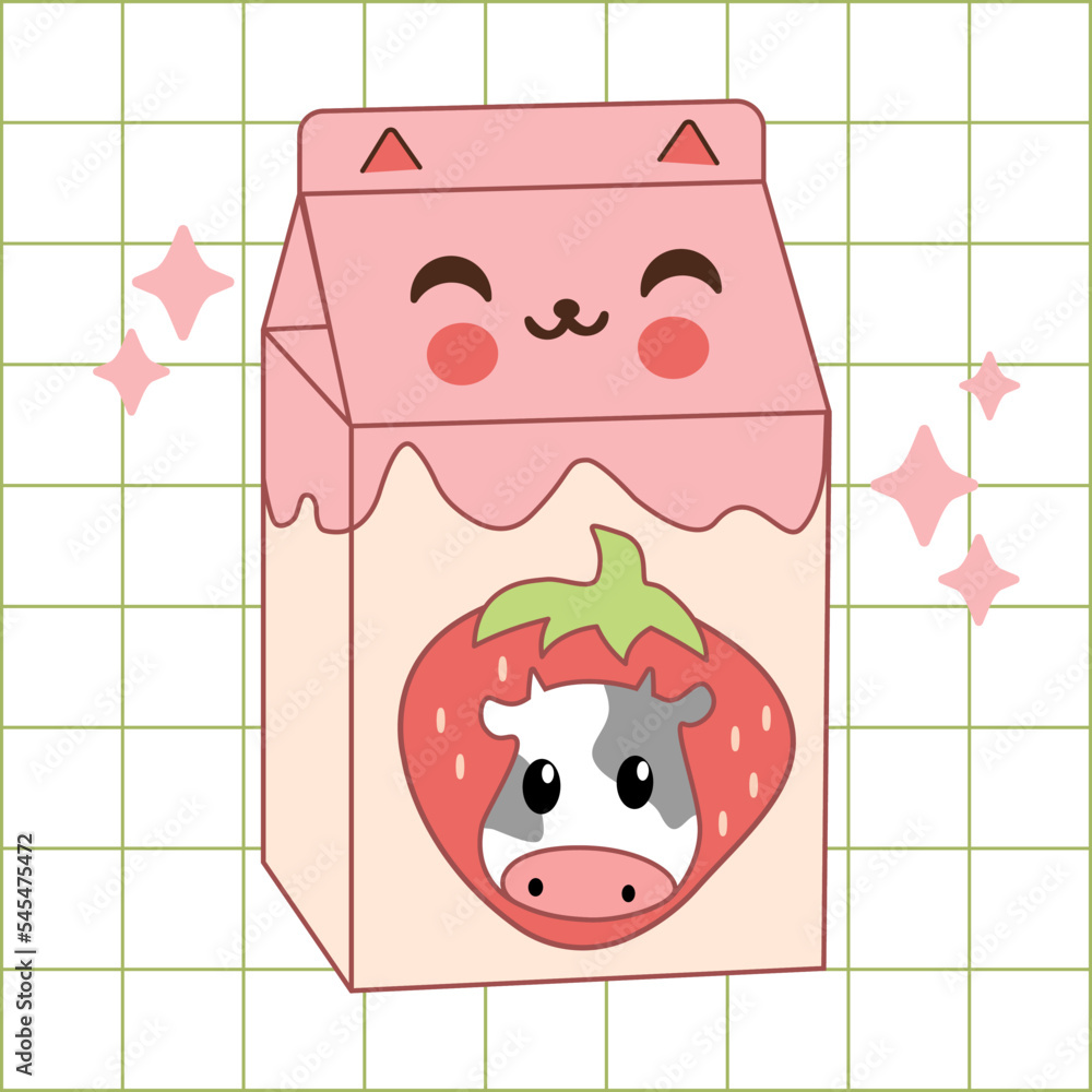 Kawaii anime illustration with carton of milk. Strawberry taste. Asian ...