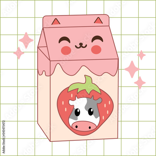 Kawaii anime illustration with carton of milk. Strawberry taste. Asian product. Hand drawn trendy girly background. Cute cartoon character on drink package box.