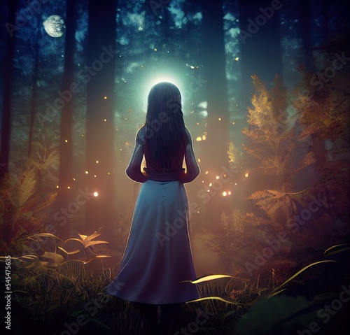 Alone girl in fairy forest moon midnight Generative AI