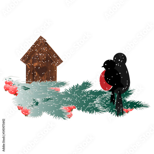 bullfinches on a branch with a birdhouse in winter