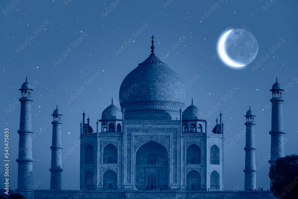 Taj Mahal with crescent moon - Agra, India 