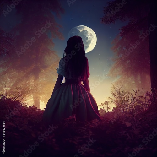 Alone girl in fairy forest moon midnight Generative AI