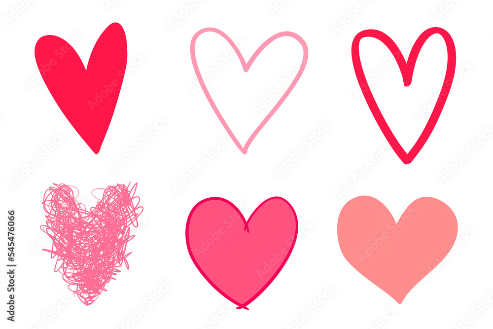 Colorful grunge hearts on isolated white background. Hand drawn set of love signs. Unique abstract image for design. Line art creation. Colored illustration. Elements for poster or flyer