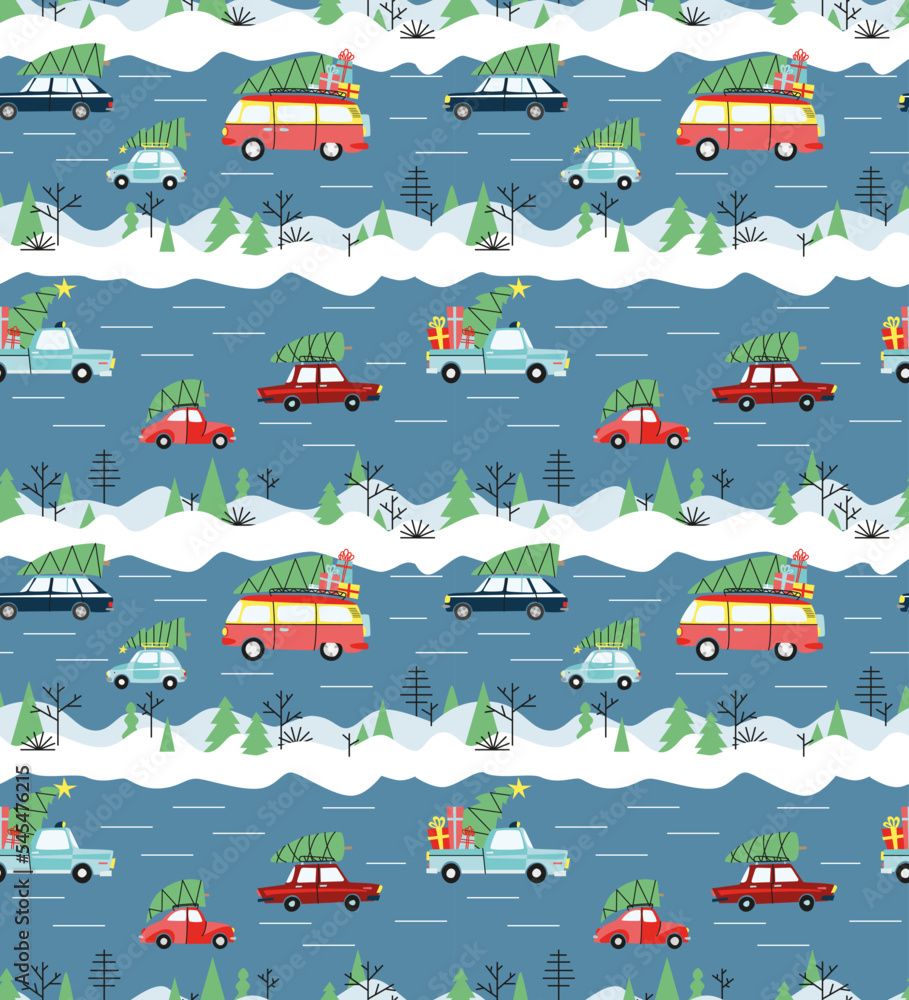 Naklejka premium Vector Seamless Pattern with cars and Christmas trees. Modern hand drawn colorful illustration. Wrapping paper with funny winter roads.