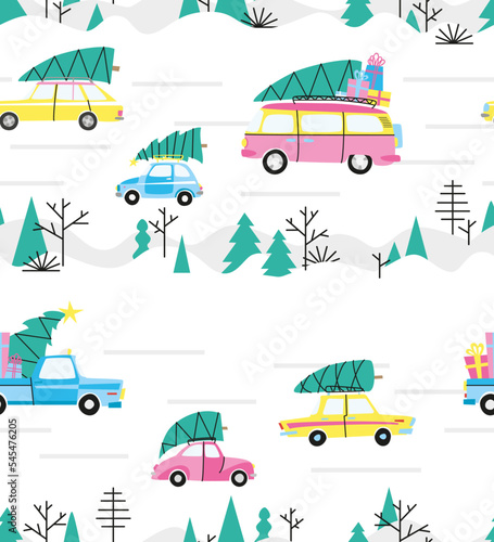 Vector Seamless Pattern with cars and Christmas trees. Modern hand drawn colorful illustration. Wrapping paper with funny winter roads.
