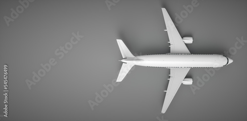 Realistic 3D rendering airplane. Aircraft on grey background, top view.