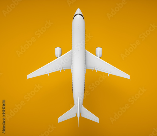 Realistic 3D rendering airplane. Aircraft on yellow background, front view.