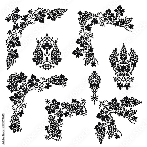 Black and white template corner with grapes. Vignettes and stencils for design. Deco borders. Vector set of 8.