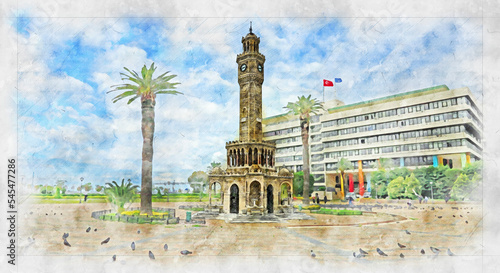 Historical old clock tower watercolor drawing. Izmir -Konak - Turkey