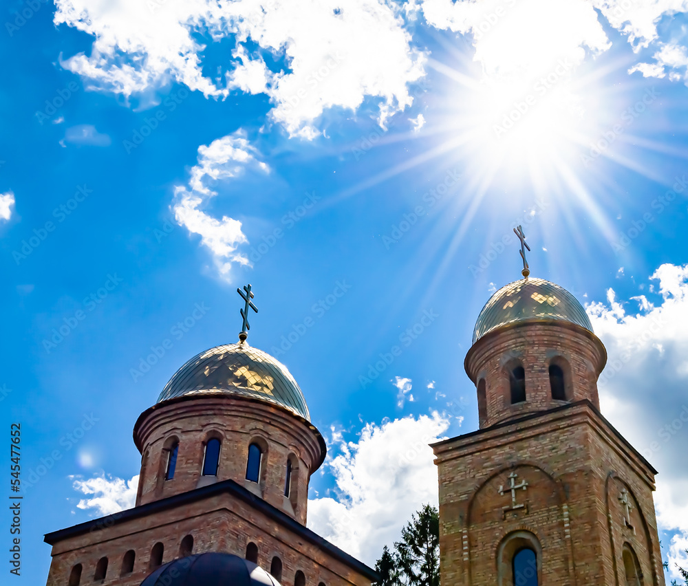 Obraz premium Christian church cross in high steeple tower for prayer