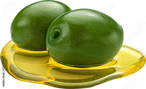 Green olives with extra virgin oil spot isolated