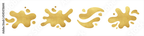 Golden foil liquid vector shapes, splashes with fluid wavy edge set. Gold paint puddle, uneven spot, blot, stain with drops, blobs. Glittering, shiny graphic design element, text background, frame.