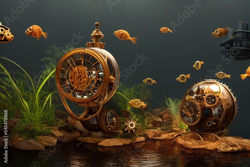 3D Render of Clockwork Fish in a Steampunk Aquarium. Goldfish and Guppies with Cogs and Gears. (Digital Illustration in the Style of Fantasy Wallpaper, Greeting Card, Invitation, or Postcard.)