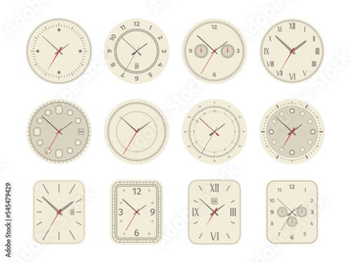 Analog clock dial. Mechanical watch face with arabic roman numerals second minute hand, wristwatch set with chronometer time day symbols. Vector collection of clock analog illustration