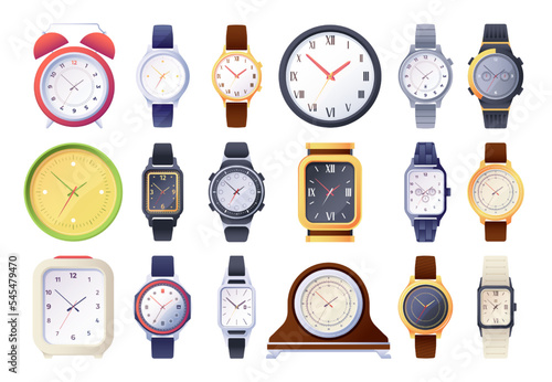 Cartoon clock. Electronic mechanical quartz watch dial accessory, alarm timer hourglass devices to indicate measure time flat style. Vector colorful set of mechanical electronic clocks illustration