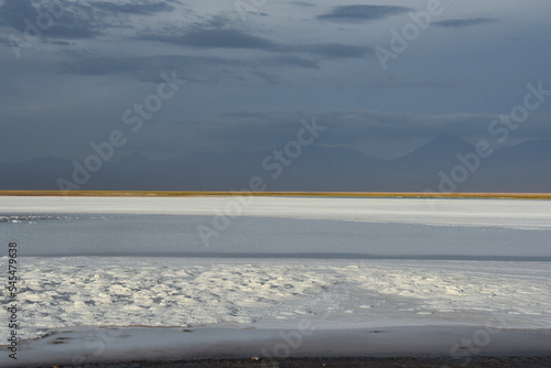 Obraz na płótnie White salt flats in the Atacama desert at evening with mountains in the background and a yellow vegetation line on the horizon. Chile w salonie