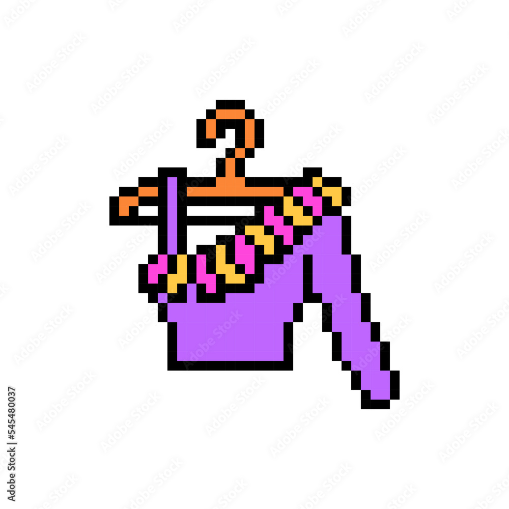 Obraz premium Pixel art symbol of purple one shoulder blouse on a hanger isolated on white background. Women's fashion clothes icon. Girl shirt. Retro vintage 90s, 80s 8 bit slot machine, 2d video game graphics.